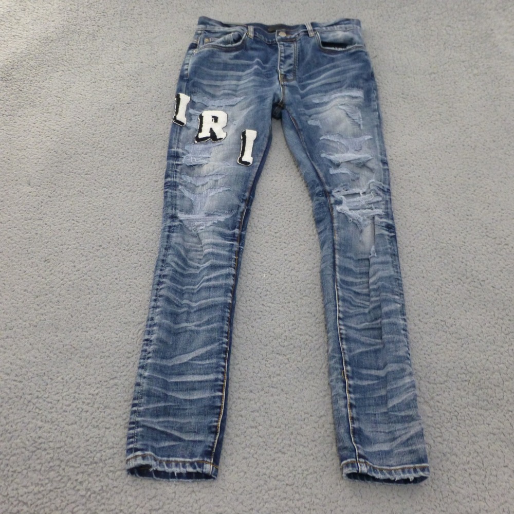 Amiri Varsity Ripped Skinny Jeans Mens 32 Distressed Patch Vintage Indigo Blue